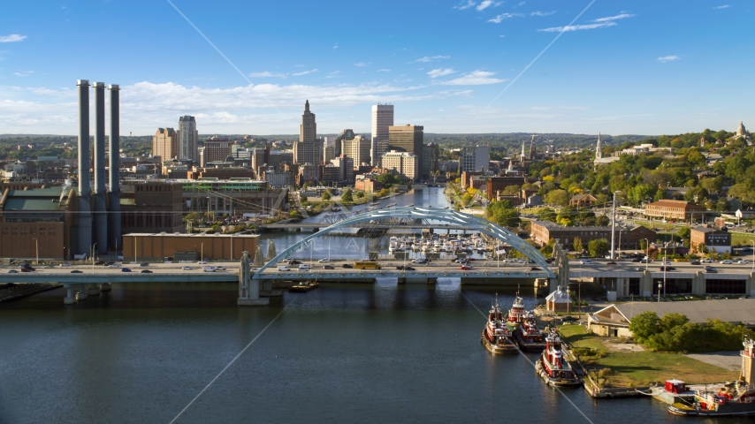 A view of the Providence River Bridge and Downtown Providence, Rhode Island Aerial Stock Photo AX145_033.0000000 | Axiom Images