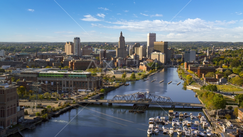 Skyscrapers in Downtown Providence and the Providence River, Rhode Island Aerial Stock Photo AX145_033.0000252 | Axiom Images