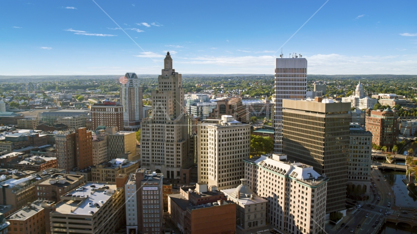A view of skyscrapers and city buildings in Downtown Providence, Rhode Island Aerial Stock Photo AX145_036.0000165 | Axiom Images