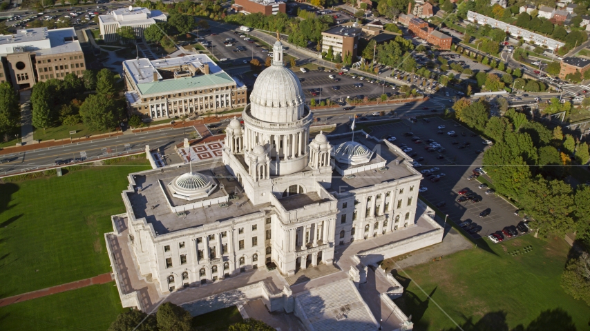 A view of the Rhode Island State House, located in Providence, Rhode Island Aerial Stock Photo AX145_041.0000258 | Axiom Images