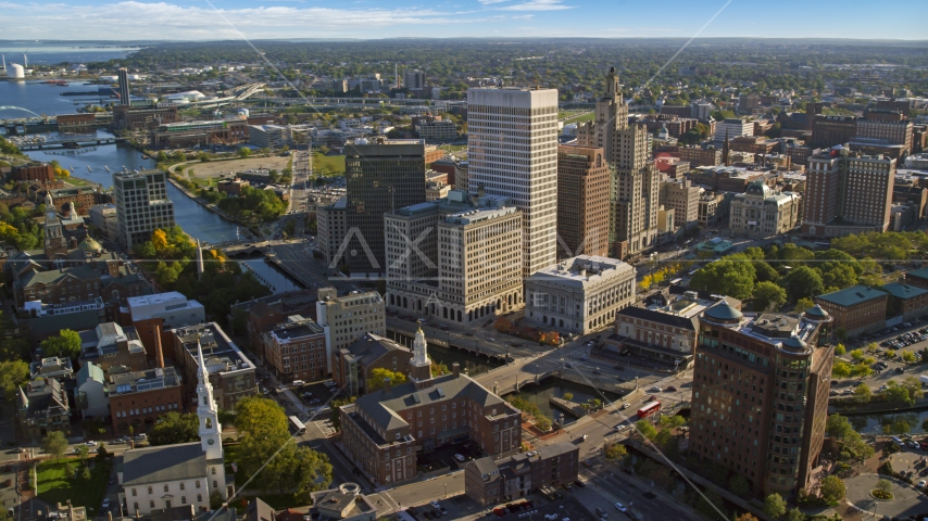 Tall downtown skyscrapers by the river, Downtown Providence, Rhode Island Aerial Stock Photo AX145_042.0000301 | Axiom Images