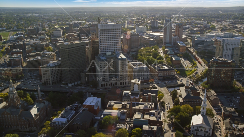 City buildings and skyscrapers in Downtown Providence, Rhode Island Aerial Stock Photo AX145_043.0000321 | Axiom Images