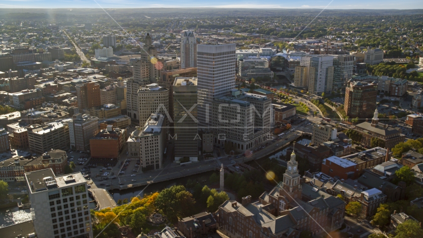 A view of city buildings and tall skyscrapers in Downtown Providence, Rhode Island Aerial Stock Photo AX145_044.0000284 | Axiom Images