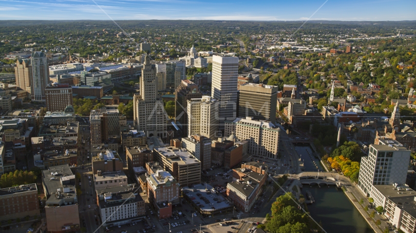 A group of city buildings and skyscrapers in Downtown Providence, Rhode Island Aerial Stock Photo AX145_046.0000214 | Axiom Images