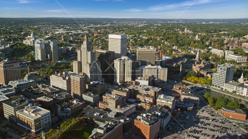 Tall skyscrapers and city buildings, Downtown Providence, Rhode Island Aerial Stock Photo AX145_047.0000216 | Axiom Images