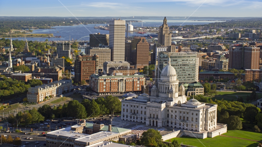 The Rhode Island State House, and Downtown Providence skyscrapers in background, Rhode Island Aerial Stock Photo AX145_056.0000262 | Axiom Images