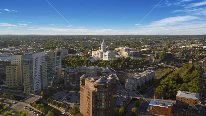 A view view of the Rhode Island State House from downtown, Providence, Rhode Island Aerial Stock Photo AX145_086.0000225 | Axiom Images