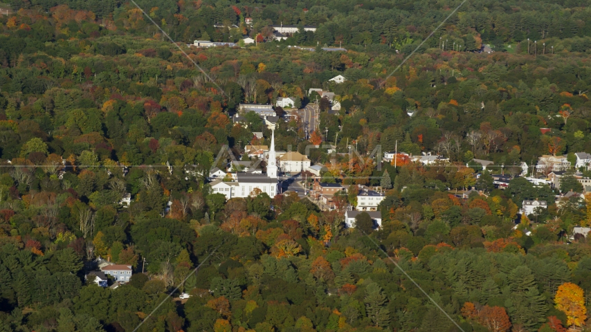 A small town and church in autumn, Foxborough, Massachusetts Aerial Stock Photo AX145_108.0000197 | Axiom Images