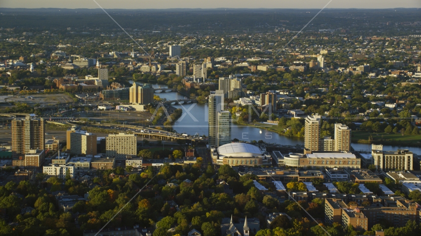 Agganis Arena, apartments, and the Charles River, Boston, Massachusetts, sunset Aerial Stock Photo AX146_014.0000053F | Axiom Images