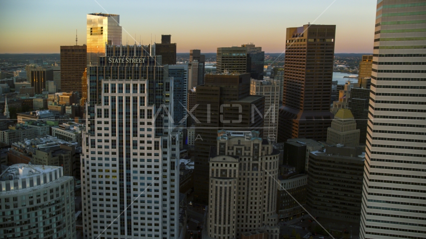 Tall skyscrapers in Downtown Boston, Massachusetts, sunset Aerial Stock Photo AX146_085.0000236F | Axiom Images