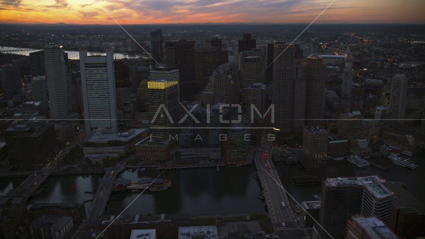 Skyscrapers at twilight in Downtown Boston, Massachusetts Aerial Stock Photo AX146_126.0000038F | Axiom Images