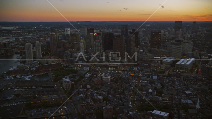 A view of city buildings and tall skyscrapers at twilight, Downtown Boston, Massachusetts Aerial Stock Photo AX146_130.0000188F | Axiom Images