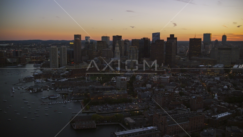 The city skyline at twilight in Downtown Boston, Massachusetts Aerial Stock Photo AX146_132.0000000F | Axiom Images