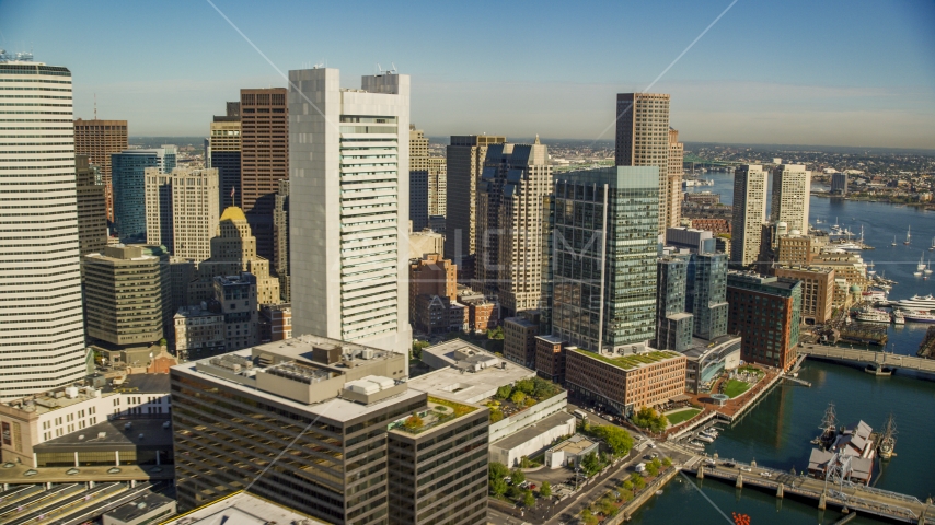 Downtown Boston skyscrapers along Fort Point Channel, Massachusetts Aerial Stock Photo AX147_008.0000000 | Axiom Images