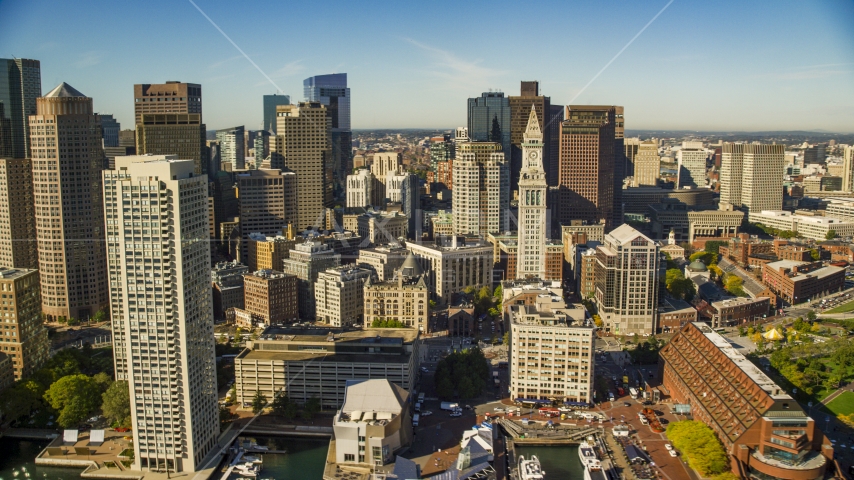 Custom House Tower, skyscrapers, and high-rises in Downtown Boston, Massachusetts Aerial Stock Photo AX147_009.0000292 | Axiom Images