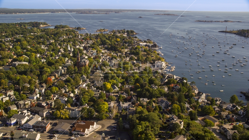 Abbott Hall and coastal community along harbor, Marblehead, Massachusetts Aerial Stock Photo AX147_030.0000181 | Axiom Images