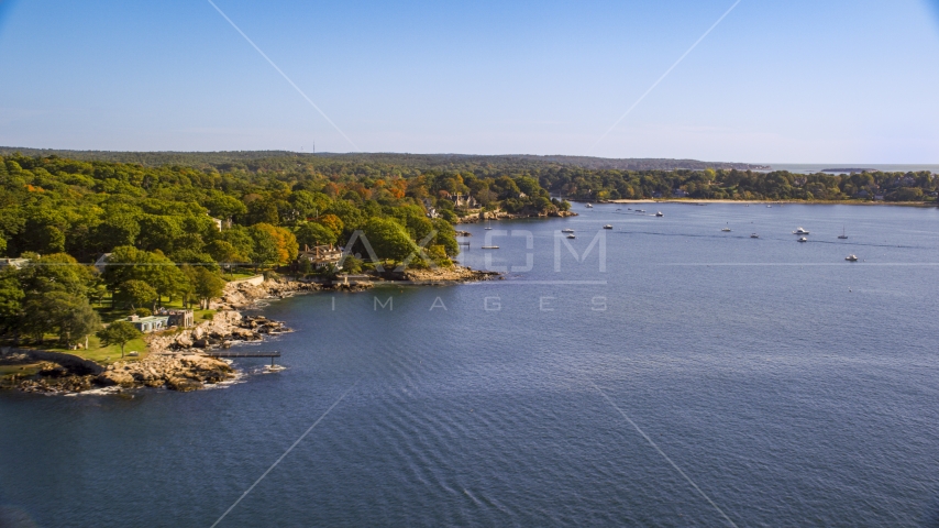 Oceanfront homes and fall foliage, Manchester-by-the-Sea, Massachusetts Aerial Stock Photo AX147_059.0000036 | Axiom Images