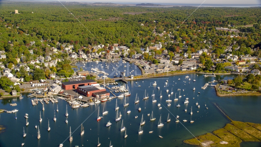 A small town harbor with boats in autumn, Manchester-by-the-Sea, Massachusetts Aerial Stock Photo AX147_067.0000356 | Axiom Images