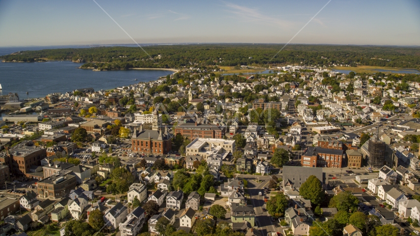 City hall in a coastal town, Gloucester, Massachusetts Aerial Stock Photo AX147_103.0000044 | Axiom Images