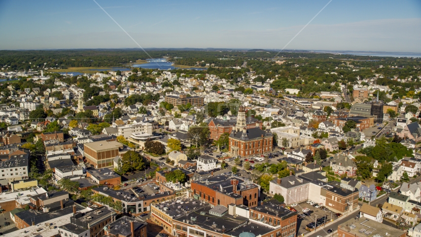 City hall in the middle of the town of Gloucester, Massachusetts Aerial Stock Photo AX147_104.0000079 | Axiom Images