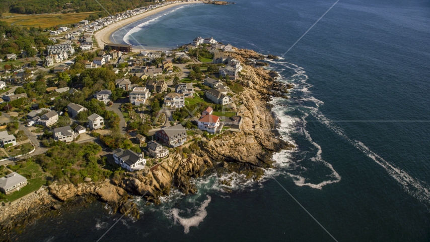 Oceanfront homes on the edge of cliffs, Gloucester, Massachusetts Aerial Stock Photo AX147_108.0000308 | Axiom Images