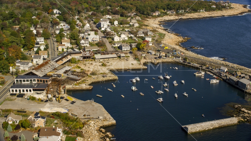 A small coastal town by a cove and the ocean, Rockport, Massachusetts Aerial Stock Photo AX147_130.0000084 | Axiom Images