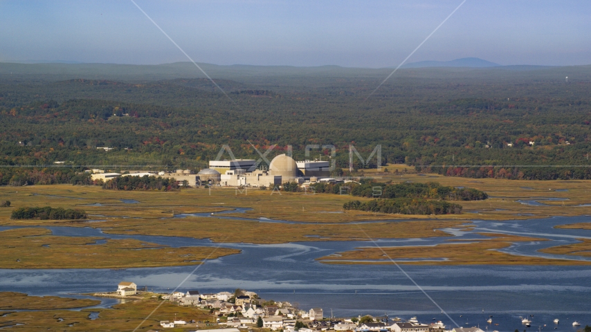 A nuclear power plant near the water in autumn, Seabrook, New Hampshire Aerial Stock Photo AX147_152.0000148 | Axiom Images