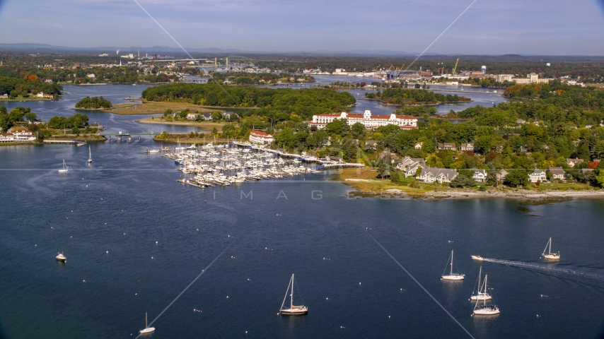 Wentworth By The Sea hotel by the marina in autumn, New Castle, New Hampshire Aerial Stock Photo AX147_171.0000042 | Axiom Images