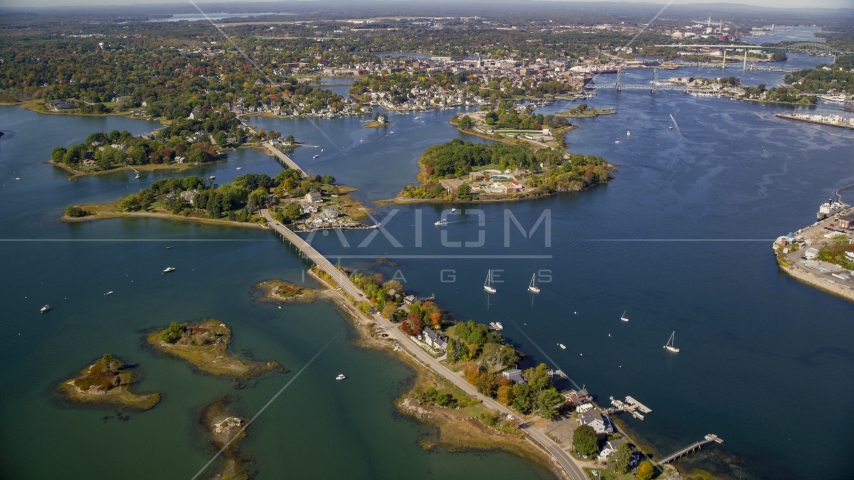 Bridges to Pierce Island and coastal town, Portsmouth, New Hampshire Aerial Stock Photo AX147_201.0000000 | Axiom Images