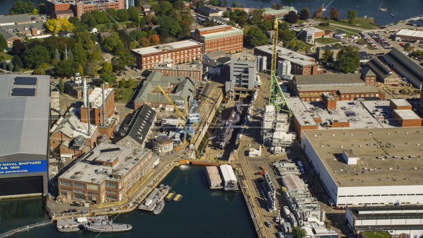 A submarine at the Portsmouth Naval Shipyard, Kittery, Maine Aerial Stock Photo AX147_202.0000072 | Axiom Images