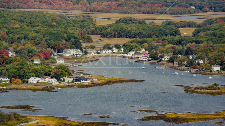 Waterfront homes around a small cove in autumn, Kennebunkport, Maine Aerial Stock Photo AX147_259.0000000 | Axiom Images