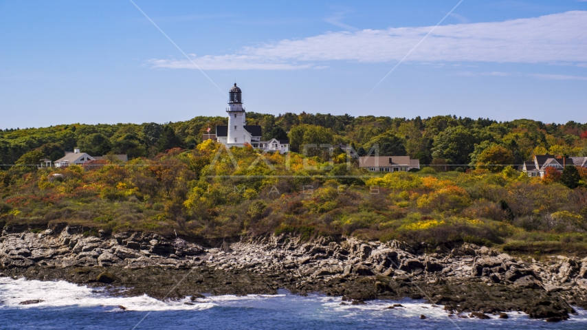 Cape Elizabeth Light seen from the rocky shore, autumn, Cape Elizabeth, Maine Aerial Stock Photo AX147_306.0000287 | Axiom Images
