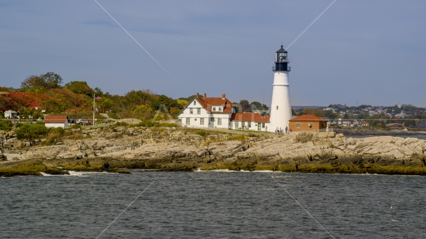 Portland Head Light by the rocky shore in autumn, Cape Elizabeth, Maine Aerial Stock Photo AX147_310.0000000 | Axiom Images