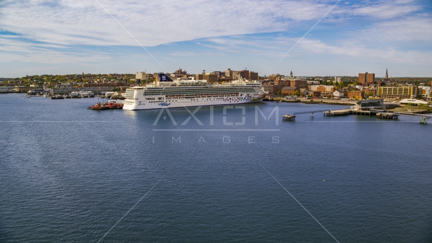 Aerial stock photo of cruise ship docked at a pier, autumn, Portland, Maine Aerial Stock Photo AX147_322.0000000 | Axiom Images