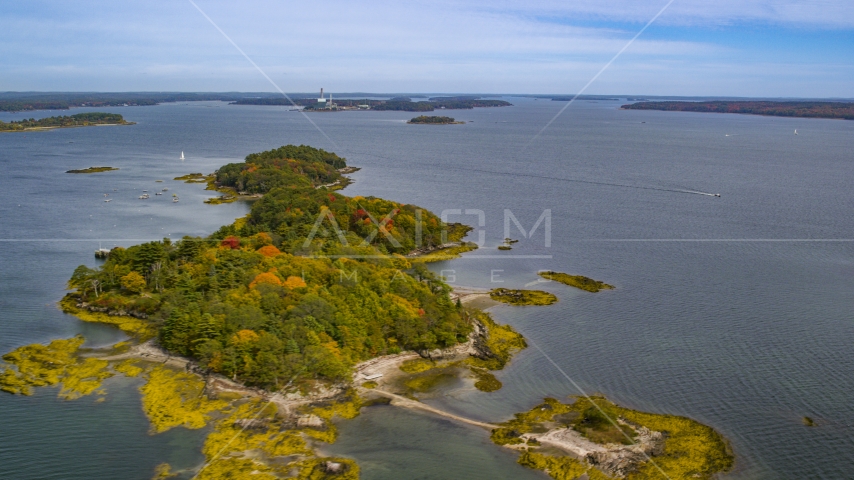 Clapboard Island with colorful autumn trees, Falmouth, Maine Aerial Stock Photo AX147_367.0000078 | Axiom Images