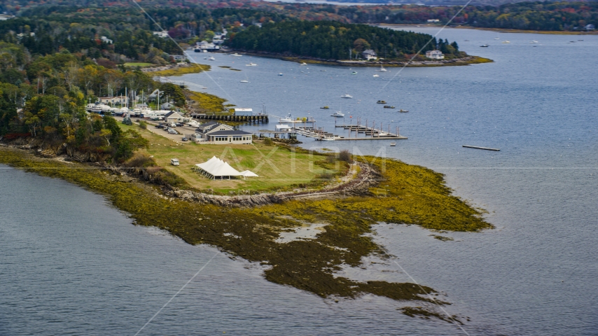 A pavilion and green lawn on an island, autumn, Harpswell, Maine Aerial Stock Photo AX147_374.0000200 | Axiom Images