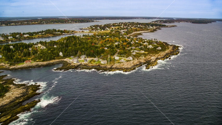 A coastal town on Bailey Island in autumn, Harpswell, Maine Aerial Stock Photo AX147_378.0000290 | Axiom Images