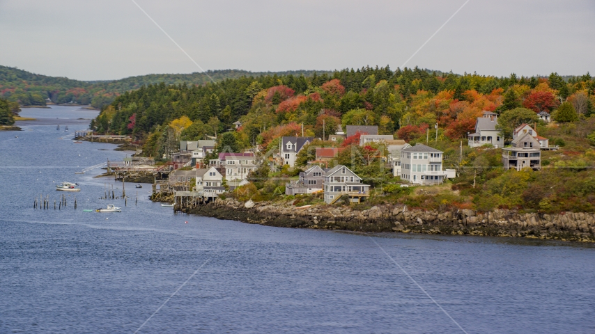 Waterfront homes, colorful trees in autumn, Georgetown, Maine Aerial Stock Photo AX147_397.0000202 | Axiom Images