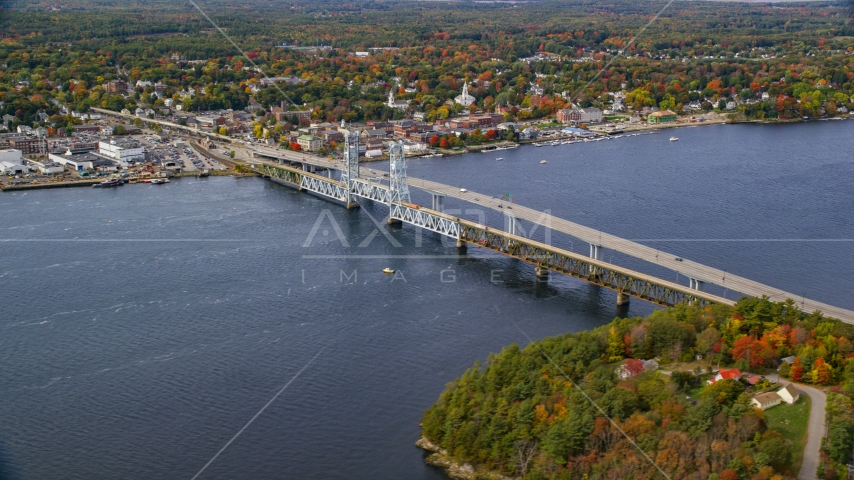 The Sagadohoc Bridge by small town, autumn, Bath, Maine Aerial Stock Photo AX147_413.0000000 | Axiom Images