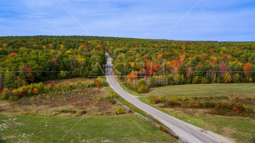 The Old Ferry Road and colorful forest in autumn, Wiscasset, Maine Aerial Stock Photo AX147_422.0000000 | Axiom Images