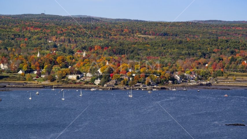 A small waterfront town in autumn, Wiscasset, Maine Aerial Stock Photo AX148_002.0000198 | Axiom Images