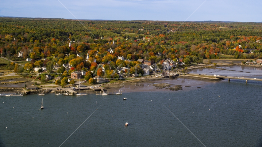 A small waterfront town in autumn, Wiscasset, Maine Aerial Stock Photo AX148_005.0000000 | Axiom Images