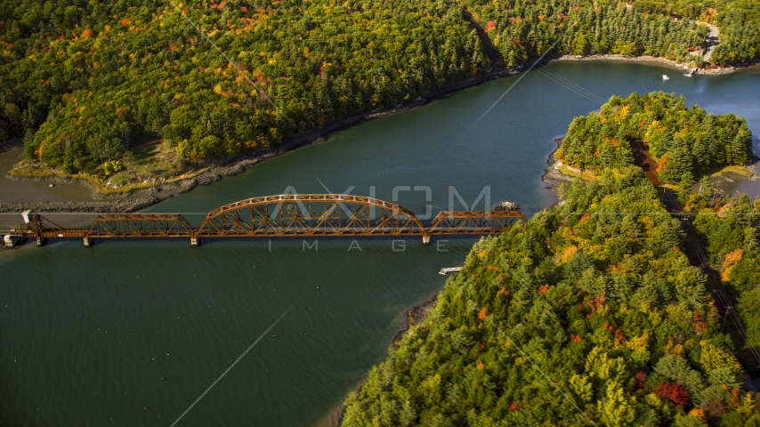 A bridge spanning Sheepscot River in autumn, Newcastle, Maine Aerial Stock Photo AX148_006.0000195 | Axiom Images