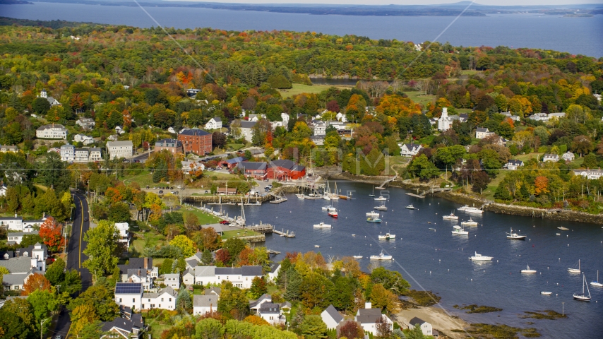 A small coastal town and Rockport Harbor in autumn, Rockport, Maine Aerial Stock Photo AX148_099.0000000 | Axiom Images
