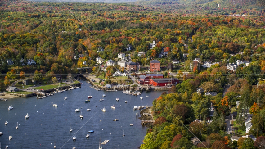 A small coastal town beside a harbor in autumn, Rockport, Maine Aerial Stock Photo AX148_101.0000000 | Axiom Images