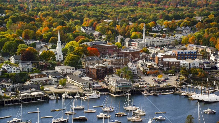 A small coastal town by the harbor, autumn, Camden, Maine Aerial Stock Photo AX148_112.0000022 | Axiom Images
