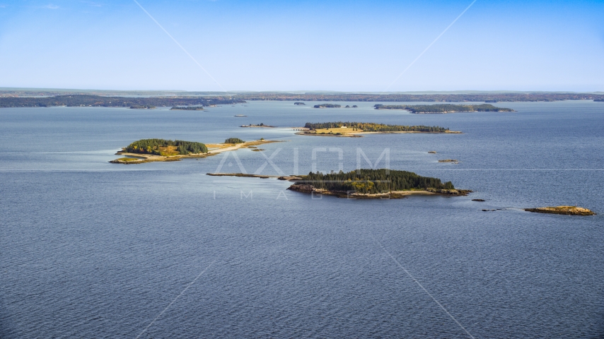 Small islands with trees, Hog Island, Maine Aerial Stock Photo AX148_130.0000000 | Axiom Images