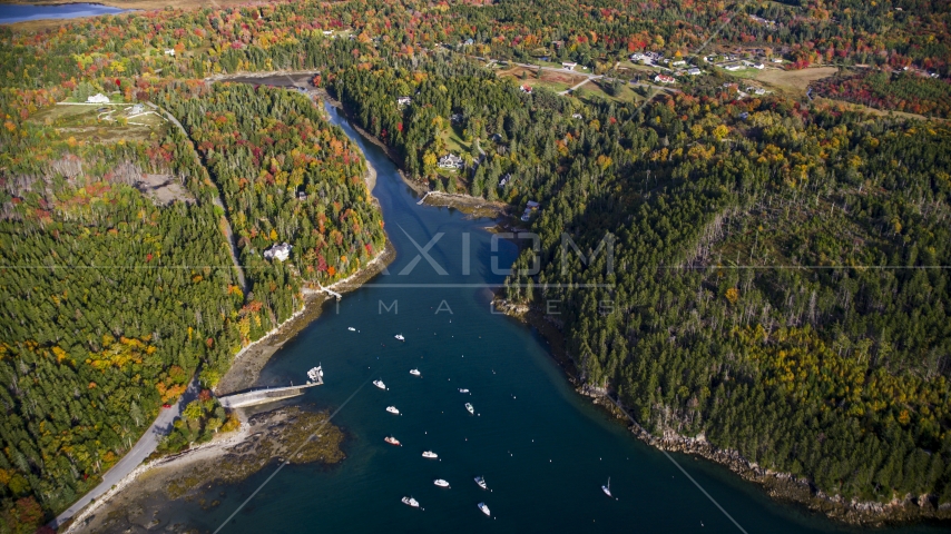 Seal Cove and waterfront homes, autumn, Tremont, Maine Aerial Stock Photo AX148_155.0000000 | Axiom Images