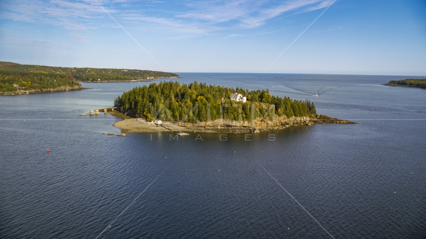 Bear Island Light and trees on Bear Island, Maine Aerial Stock Photo AX148_166.0000000 | Axiom Images