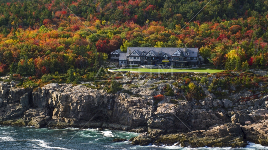 Isolated waterfront mansion and autumn trees, Seal Harbor, Mount Desert Island,  Maine Aerial Stock Photo AX148_172.0000351 | Axiom Images